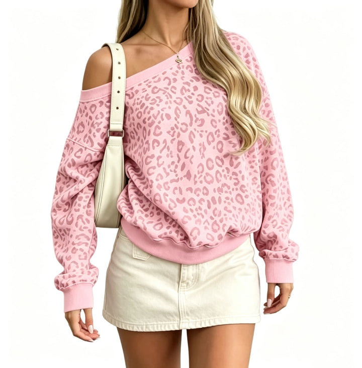 Damen Schulterfreier Leoparden-Print Sweatpullover mit Oversize-Schnitt Drune