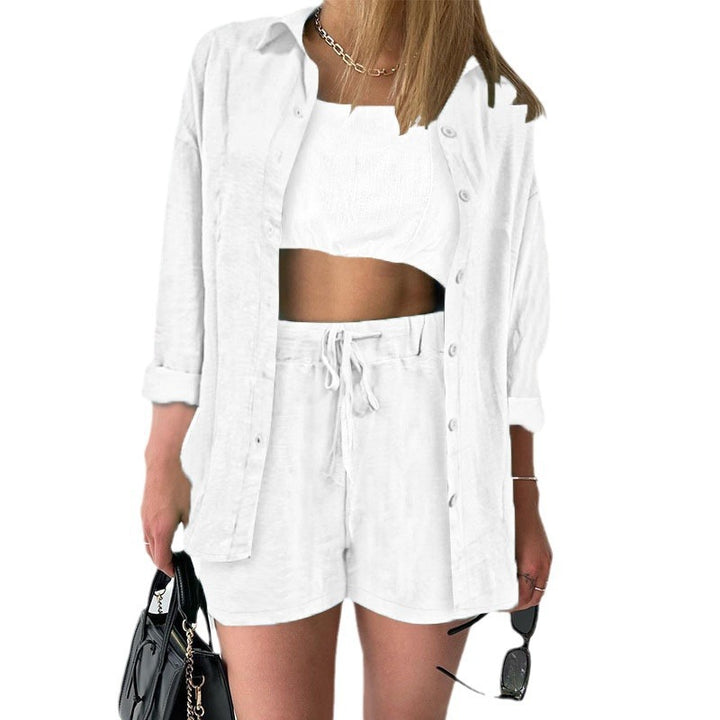 Damen Leinenoptik dreiteiliges Sommer-Lounge-Set mit Oversize-Hemd Cropped-Top und High-Waist-Shorts Drune
