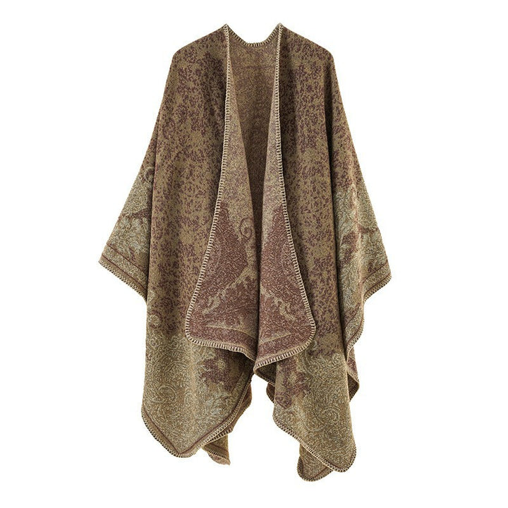 Damen Ornamentaler Jacquard‑Capeponcho mit offenem Fall und Zierkettelnaht Drune
