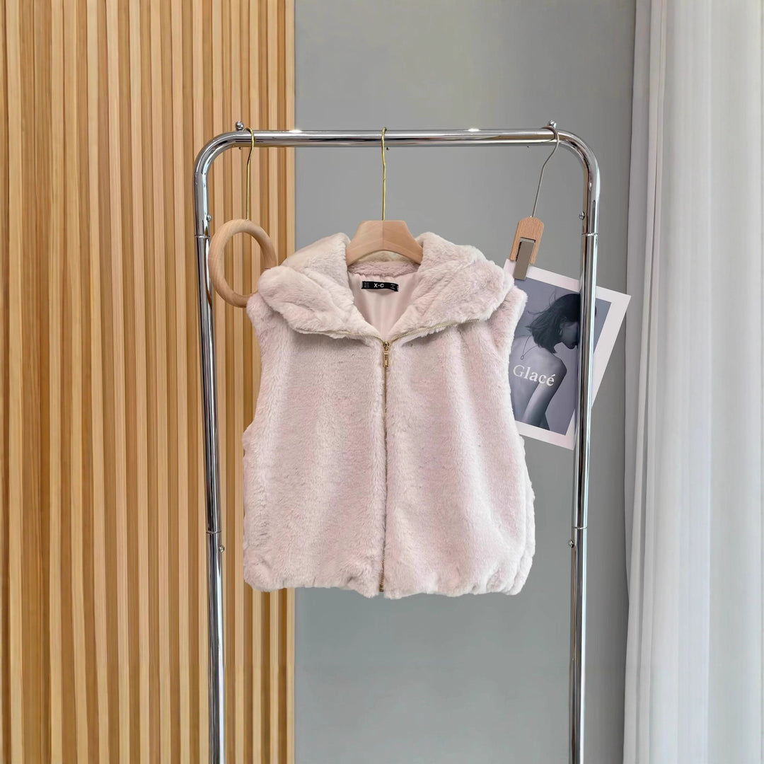 Damen Ärmellose Teddyweste mit Kapuze und Reißverschluss Drune