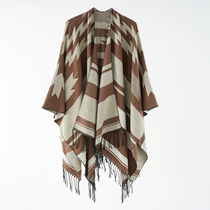 Damen Langer Reversfreier Webponcho im Umhangstil mit dezentem Zackenmuster und Fransensaum Drune