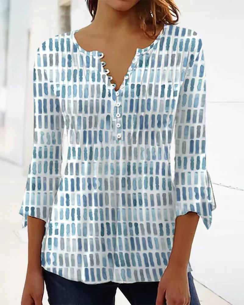 Damen nan luftig leichtes Aquarell-Print Blusenshirt mit Henley-Knopfleiste und dreiviertel Glockenärmeln Drune