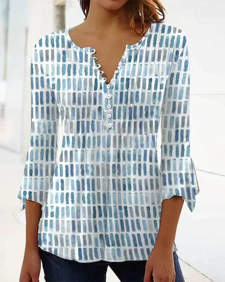 Damen nan luftig leichtes Aquarell-Print Blusenshirt mit Henley-Knopfleiste und dreiviertel Glockenärmeln Drune