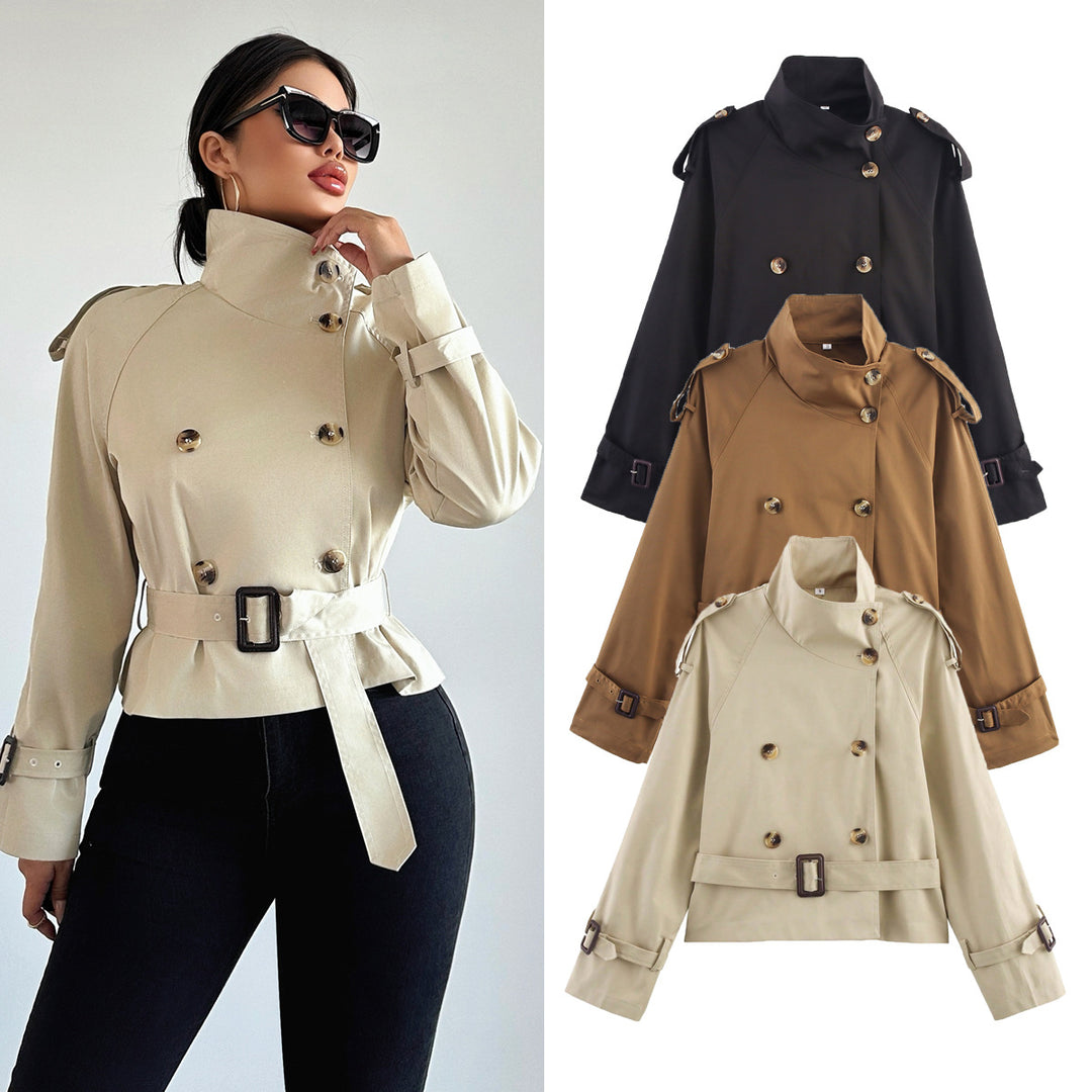 Damen Kurz-Trenchjacke mit Doppelreihe, Stehkragen, Schulterklappen und Taillengürtel Drune