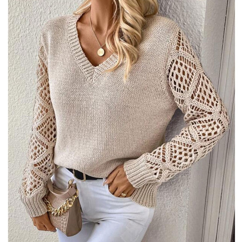 Damen Strickpullover mit raffiniertem Lochmuster und V-Ausschnitt Drune