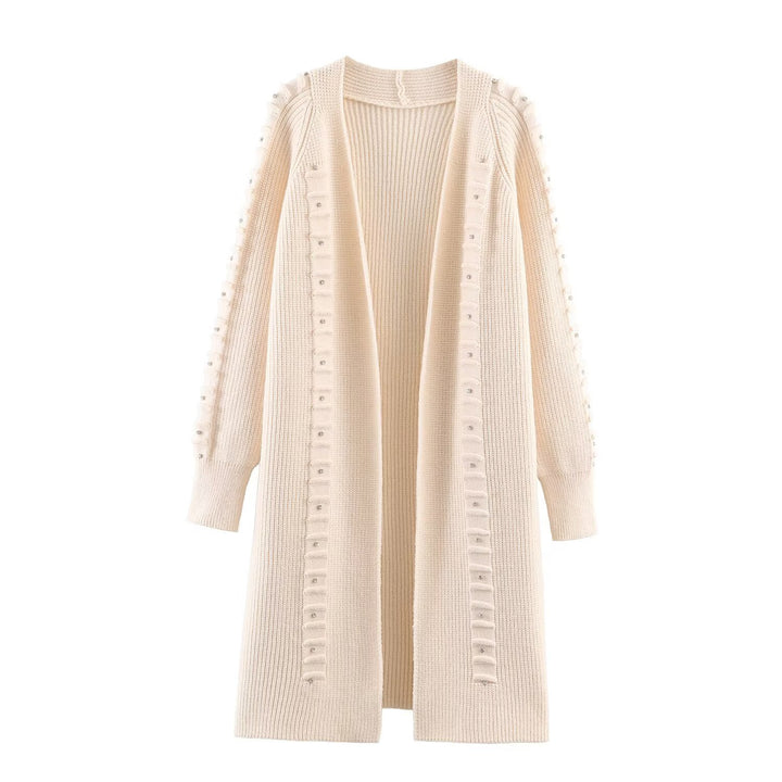 Damen Longline Strickcardigan mit Perlen- und Rüschendetail offene Front Drune