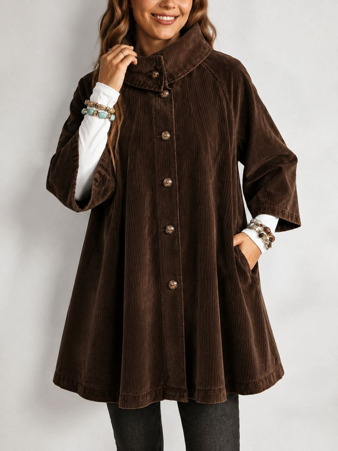 Damen Cord-Mantel mit Stehkragen, A‑Linie und aufgesetzten Taschen Drune