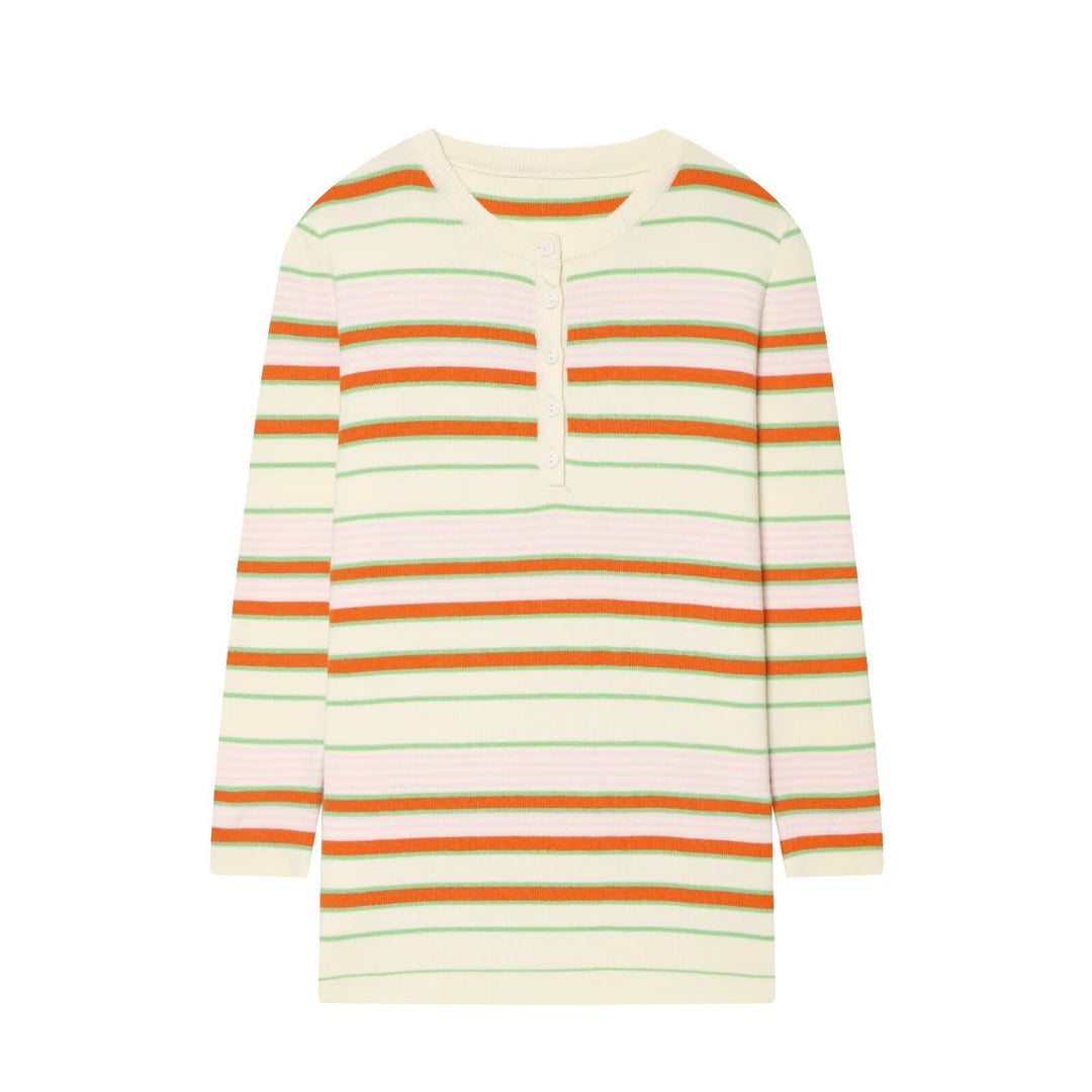 Damen Gestreiftes Rippstrick-Henleyshirt mit Knopfleiste und schmaler Passform Drune
