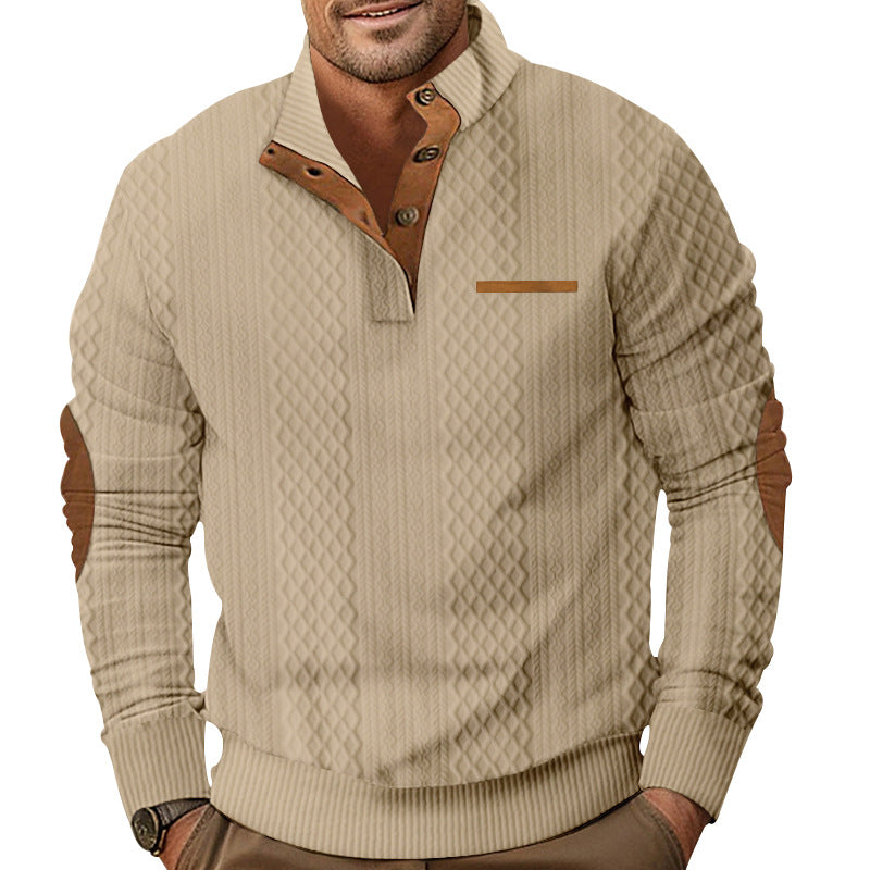 Herren nan strukturierter Strickpullover mit Stehkragen, Knopfleiste und Ellenbogenpatches Drune