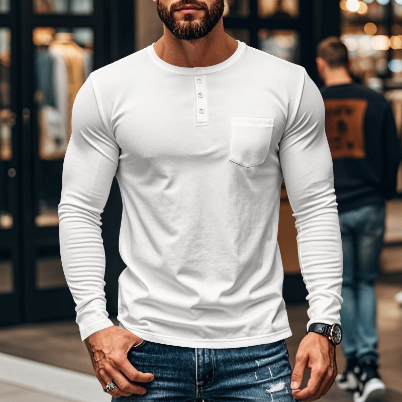 Herren nan schlankes Langarm-Buttonshirt mit kurzer Knopfleiste und Brusttasche Drune