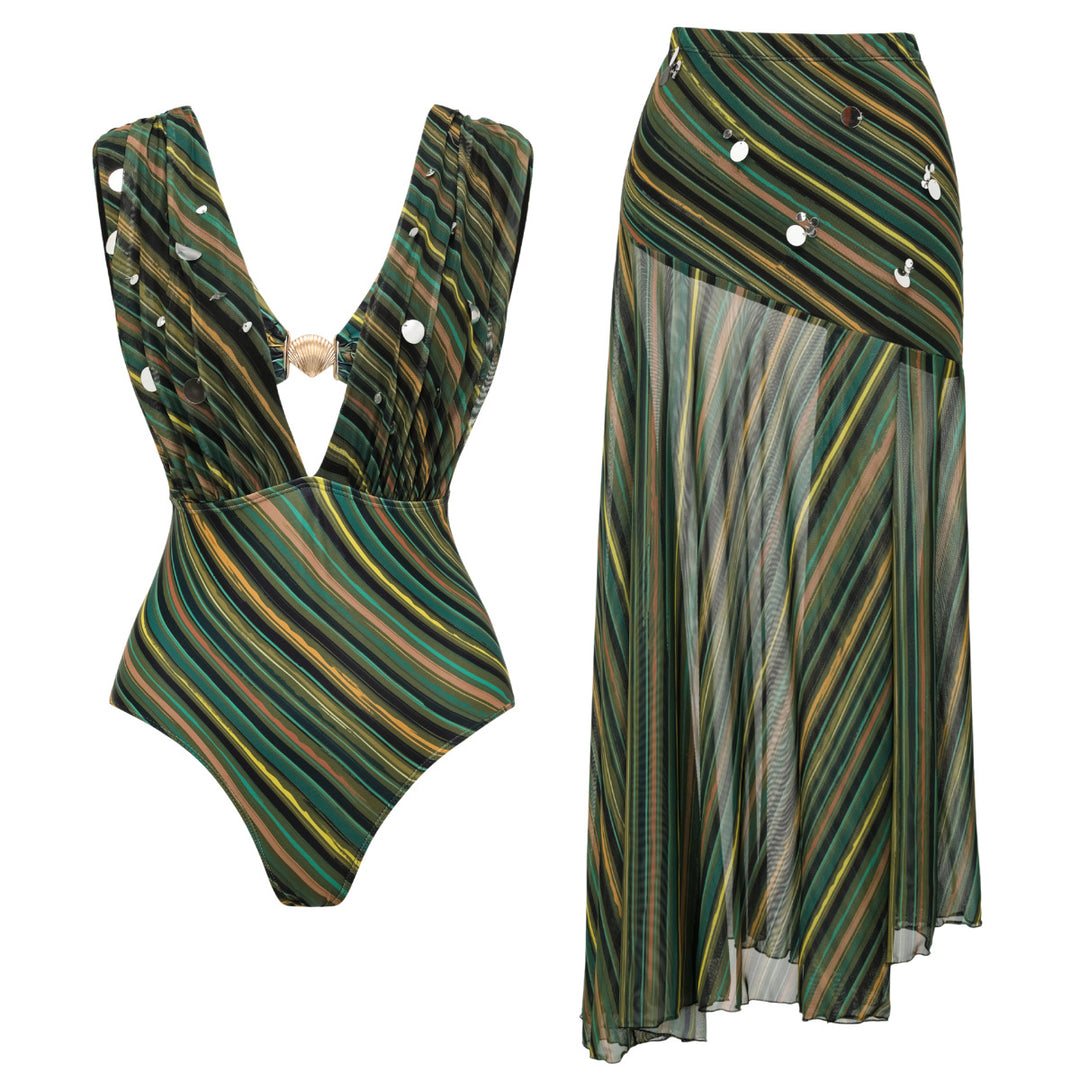 Damen eleganter Badeanzug mit passendem Strandrock Drune