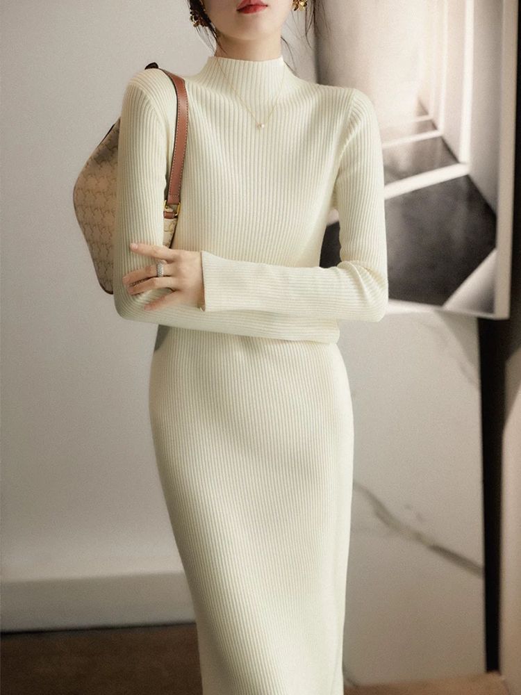 Damen Elegantes Strickkleid mit hochgeschlossenem Kragen und feinem Rippmuster Drune