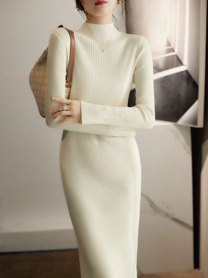 Damen Elegantes Strickkleid mit hochgeschlossenem Kragen und feinem Rippmuster Drune