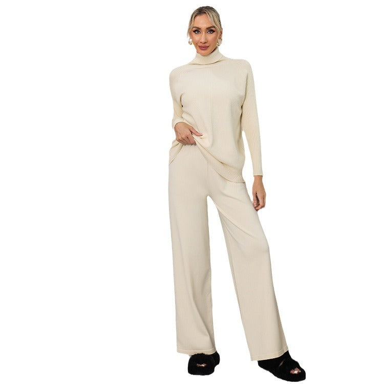 Damen elegantes Strick-Loungewear-Set mit hohem Kragen und weitem Schnitt Drune