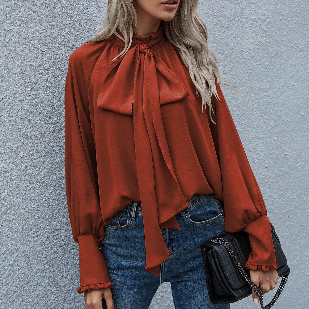 Damen Bluse mit Schleifenkragen und voluminösen Ärmeln Drune