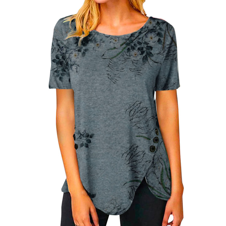 Damen lässiges T-Shirt mit dekorativem Floraldesign und asymmetrischem Saum Drune