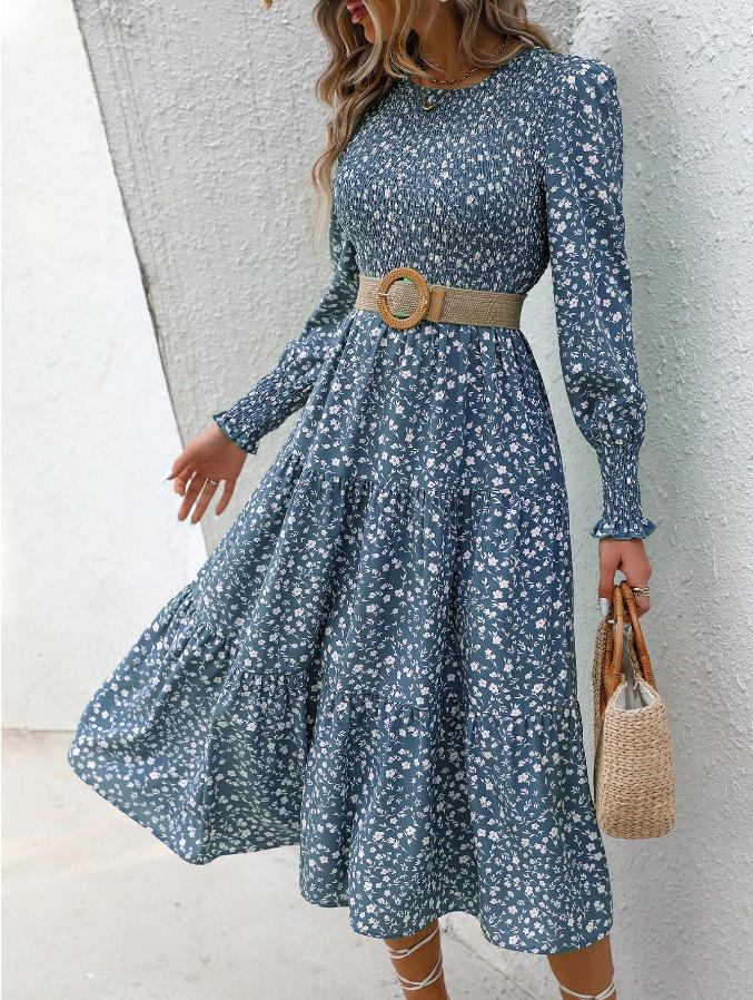 Damen florales Midi-Kleid mit geraffter Taille und langen Ärmeln Drune