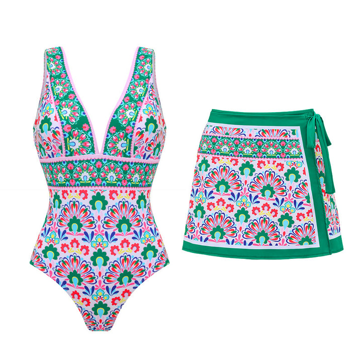 Damen Badeanzug mit durchgehendem floralem Muster und passendem Wickelrock Drune