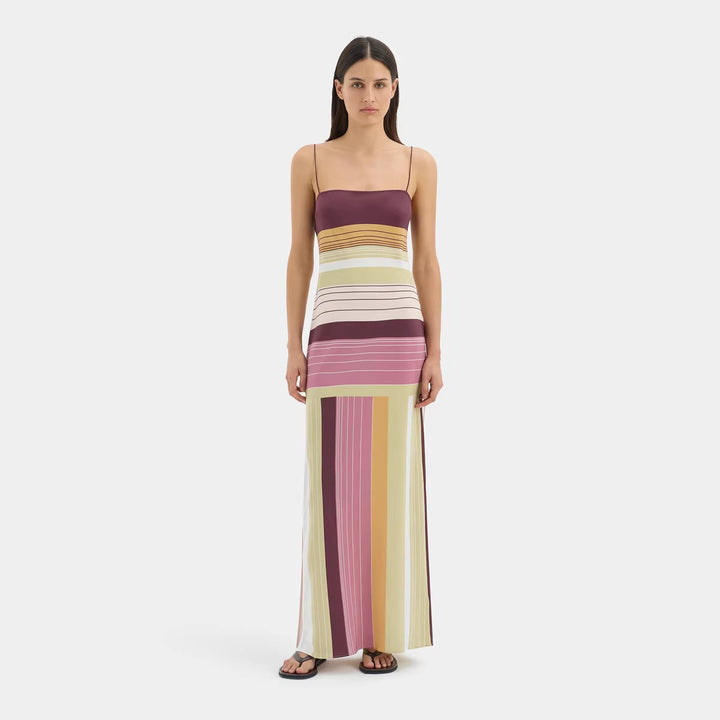 Damen nan figurbetontes Maxikleid mit Spaghettiträgern, geradem Ausschnitt, Paneelstreifen und seitlichem Schlitz Drune
