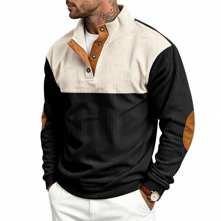 Herren Gerippter Stehkragen-Pullover mit Knopfleiste, Kontrastblende und Ellbogen-Patches Drune