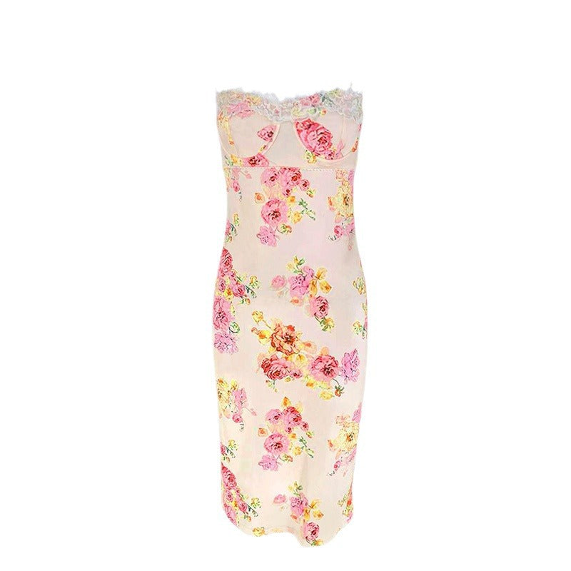 Damen Sommerliches Blumenkleid mit zarter Spitze und Spaghetti-Trägern Drune