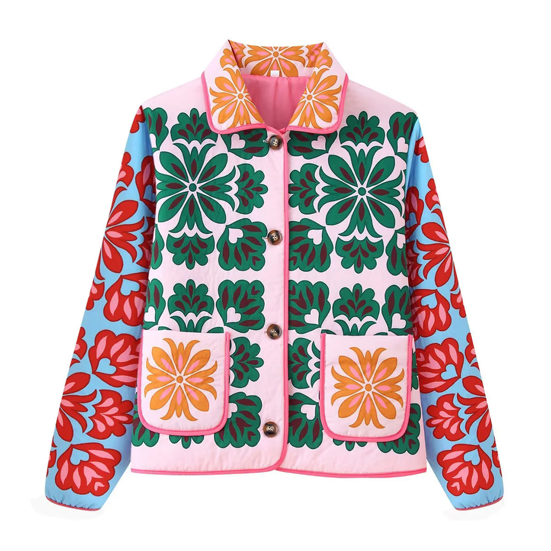 Damen nan gesteppte Blumen-Steppjacke mit kontrastärmeln, aufgesetzten Taschen und Stehkragen Drune