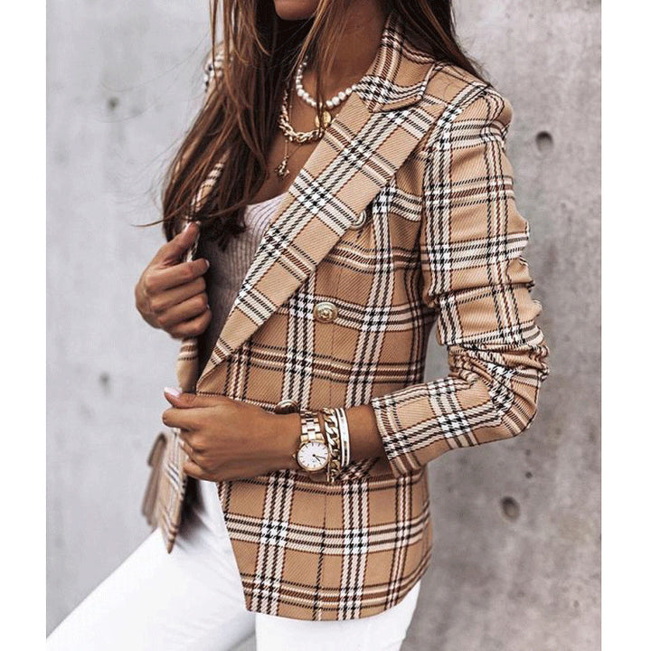 Damen Karierter Blazer mit Doppelreihiger Knopfleiste und Modernem Schnitt Drune