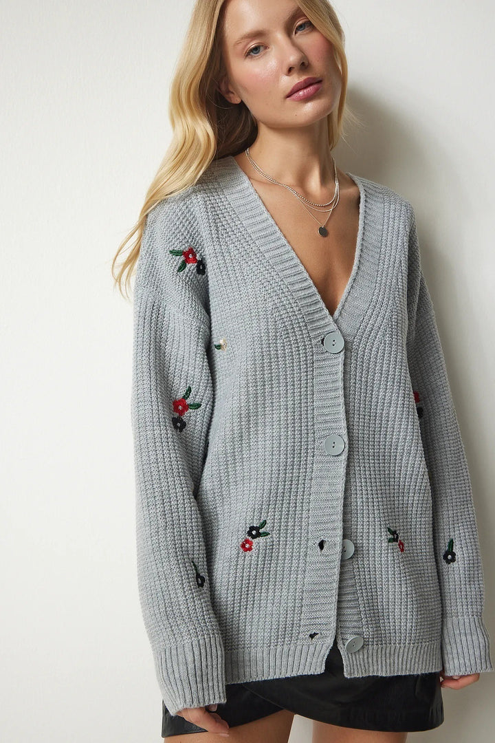 Damen Strickcardigan mit floralen Stickereien Drune