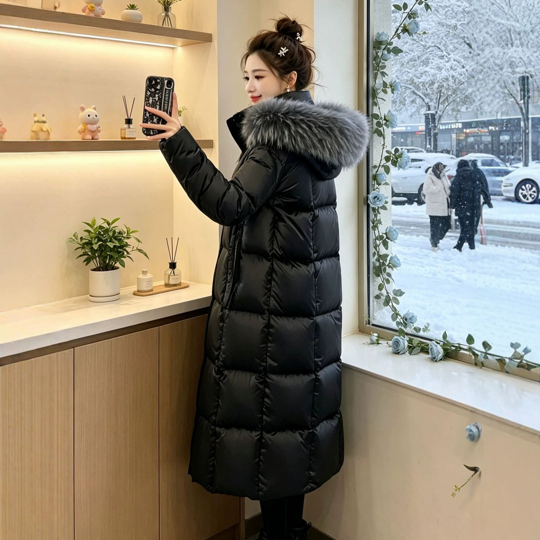 Damen Lange Daunenjacke mit Kunstfellkragen Drune