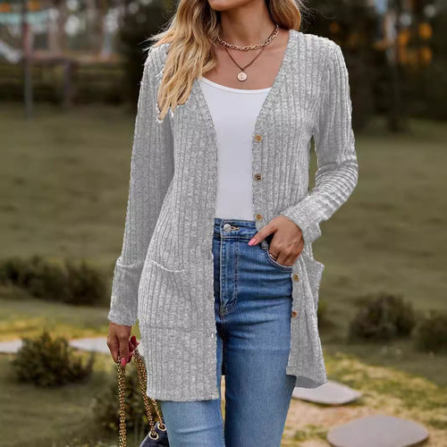 Damen nan langer gerippter Strickcardigan mit Eingrifftaschen und Holzknöpfen Drune