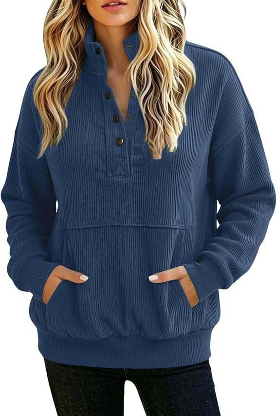 Damen gerippter Henley-Pullover mit Stehkragen und Kängurutasche Drune