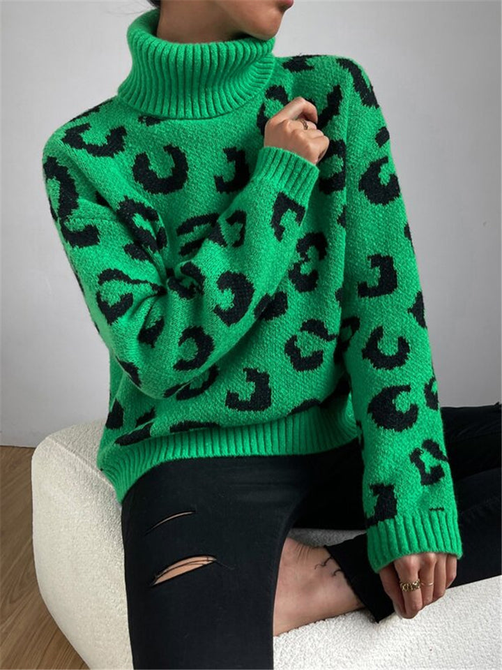 Damen Stehkragen Pullover mit Leopardenmuster Drune
