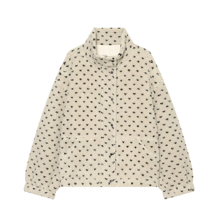 Damen Kurze Teddyjacke mit Stehkragen und Punktmuster Drune