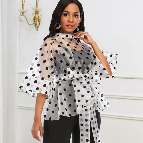 Damen Chiffonbluse mit gepunktetem Design und elegantem Taillengürtel Drune