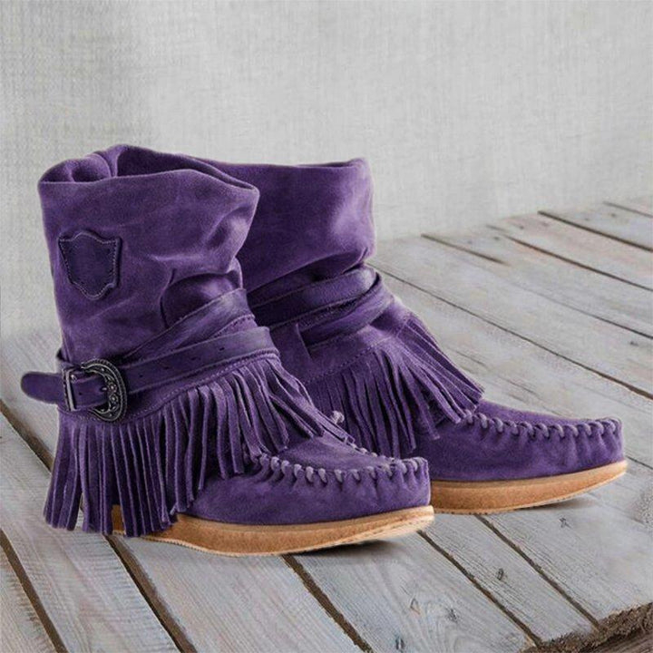 Damen Mokassin-Stiefel mit fransigen Details und modischer Schnalle Drune