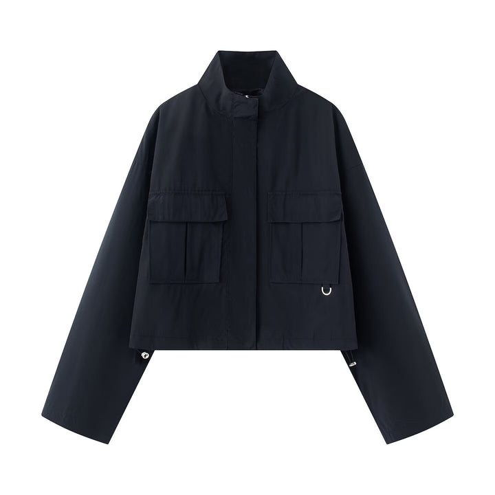 Damen Kurz geschnittene Utility-Jacke mit Stehkragen und aufgesetzten Taschen Drune