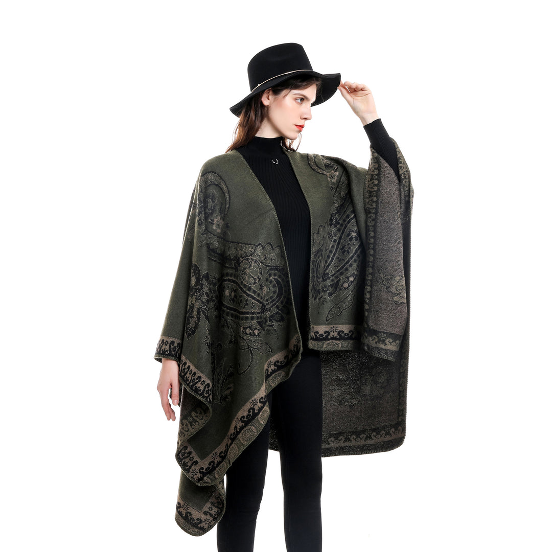 Damen Oversize Strickponcho mit Paisley-Muster und offenem Fall Drune