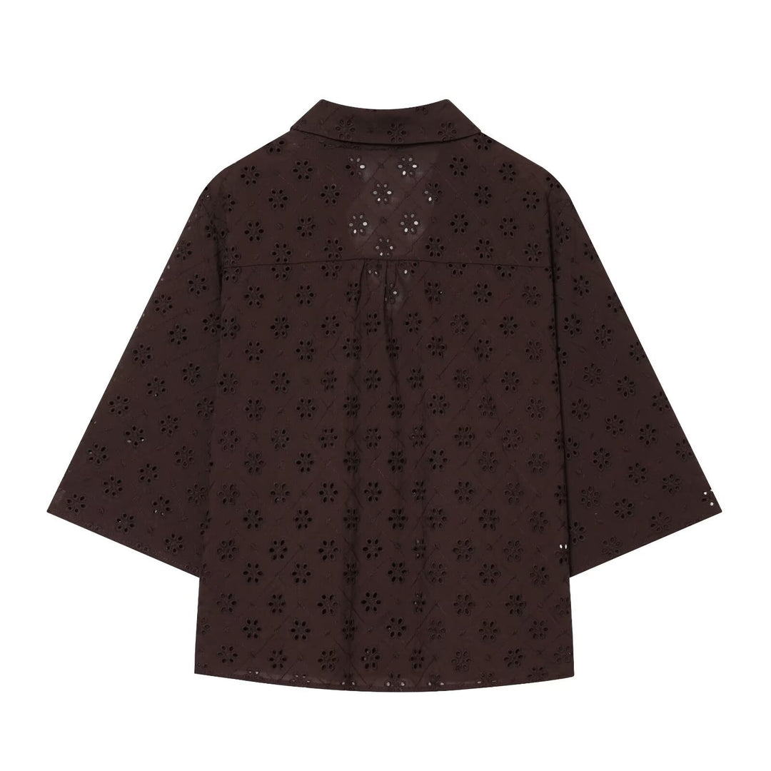 Damen weit geschnittene Hose mit floralem Lochmuster Drune