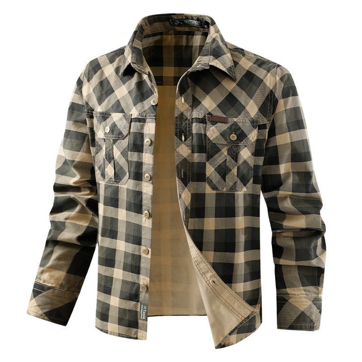 Herren nan lässiges kariertes Flanellhemdjacke aus Baumwollmischung mit doppelten Brusttaschen und verstärkter Steppung Drune