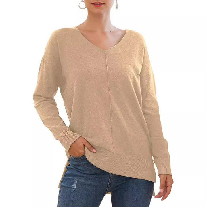 Damen eleganter V-Ausschnitt Pullover mit asymmetrischem Saum Drune