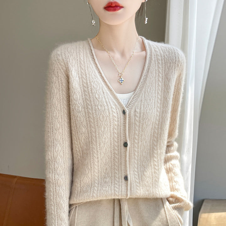 Damen Kurzer Zopfmuster-Cardigan im Mohair-Look mit V‑Ausschnitt und gerippten Bündchen Drune