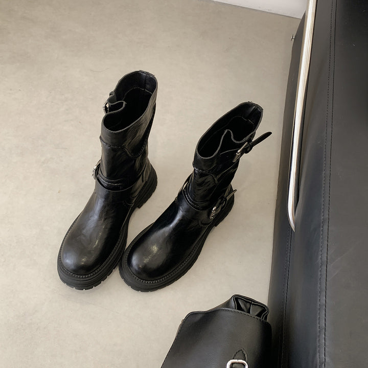 Damen Halbhohe Bikerstiefel aus Glattlederoptik mit verstellbaren Metallschnallen und profiliertem Lug‑Plateau Drune