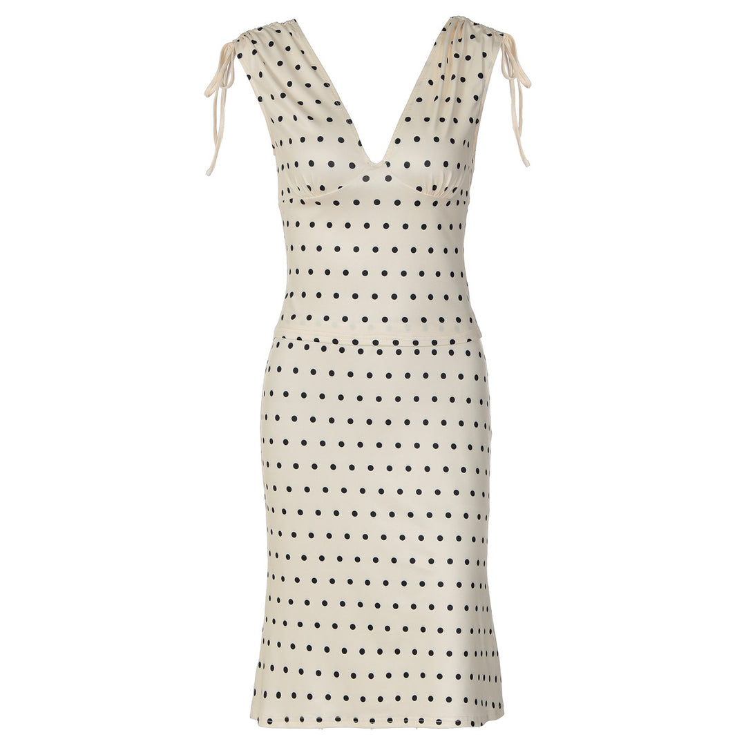 Damen Elegantes Polka-Dot Kleid mit tiefem V-Ausschnitt und verstellbaren Schulterbändern Drune