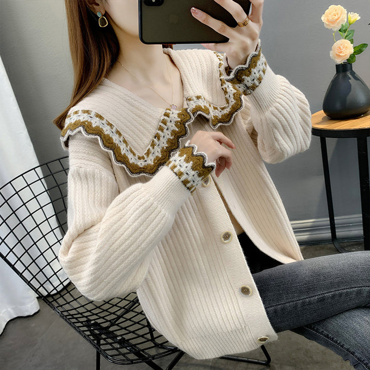 Damen Strickjacke mit kontrastierendem Kragen und Knopfdetails Drune