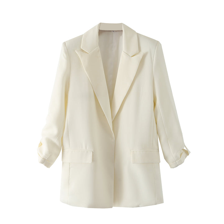 Damen nan lang geschnittener Oversize-Blazer mit weitem Revers aufgesetzten Pattentaschen und krempelbaren Ärmeln Drune