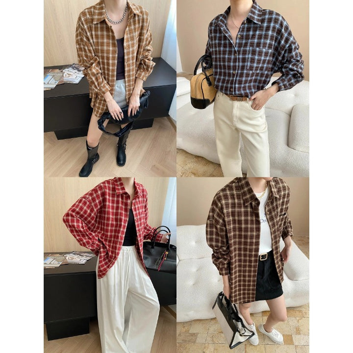 Damen lässige Karobluse mit oversized Schnitt und feinen Details Drune