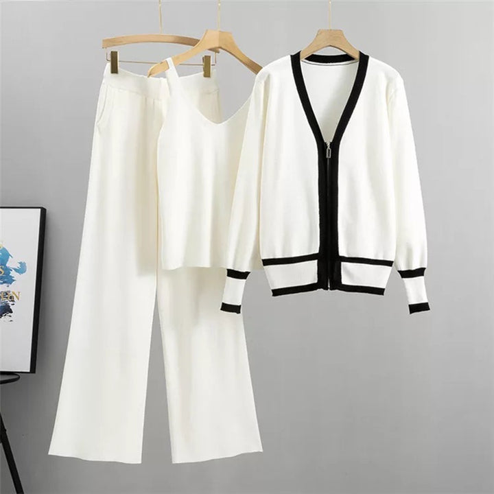 Damen lässiges Strick-Loungewear-Set mit hochwertigem Zip-Cardigan und Weitbein-Hosen Drune