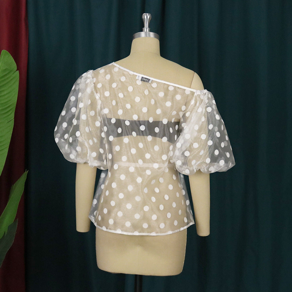 Damen Verspielte Bluse mit transparentem Polka-Punkten Design und Puffärmeln Drune