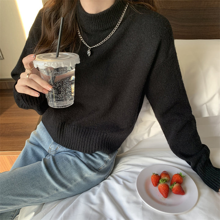 Damen bequemer und eleganter Crop-Pullover mit hochgeschlossenem Kragen Drune