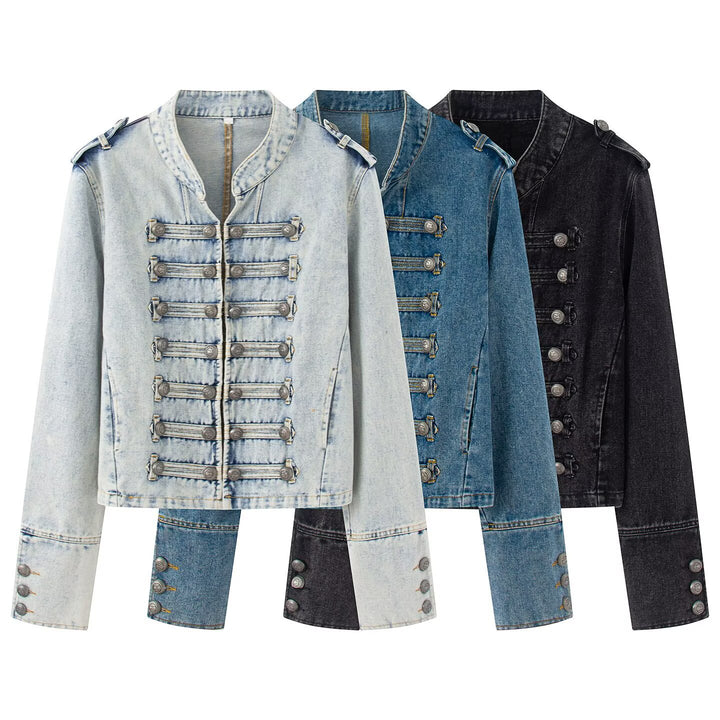 Damen Jeansjacke im Military-Stil mit dekorativer Zierknopfleiste Drune